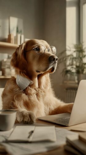 Chien à l'ordinateur — service client OXLY
